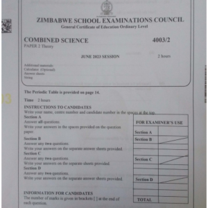 June 2023 combined science Paper 3 Zimsec Past Exam paper