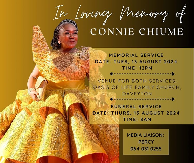 Memorial and funeral details for Connie Chiume announced