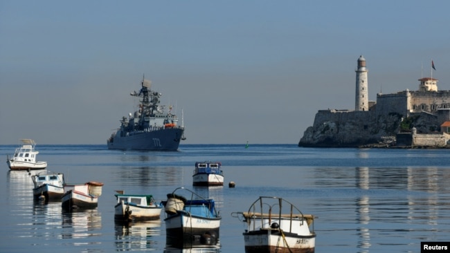 FILE - A ship from Russia's Baltic Fleet enters Havana's bay, in Havana, Cuba, July 27, 2024.