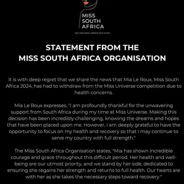 Miss SA Mia Le Roux pulls out of Miss Universe competition