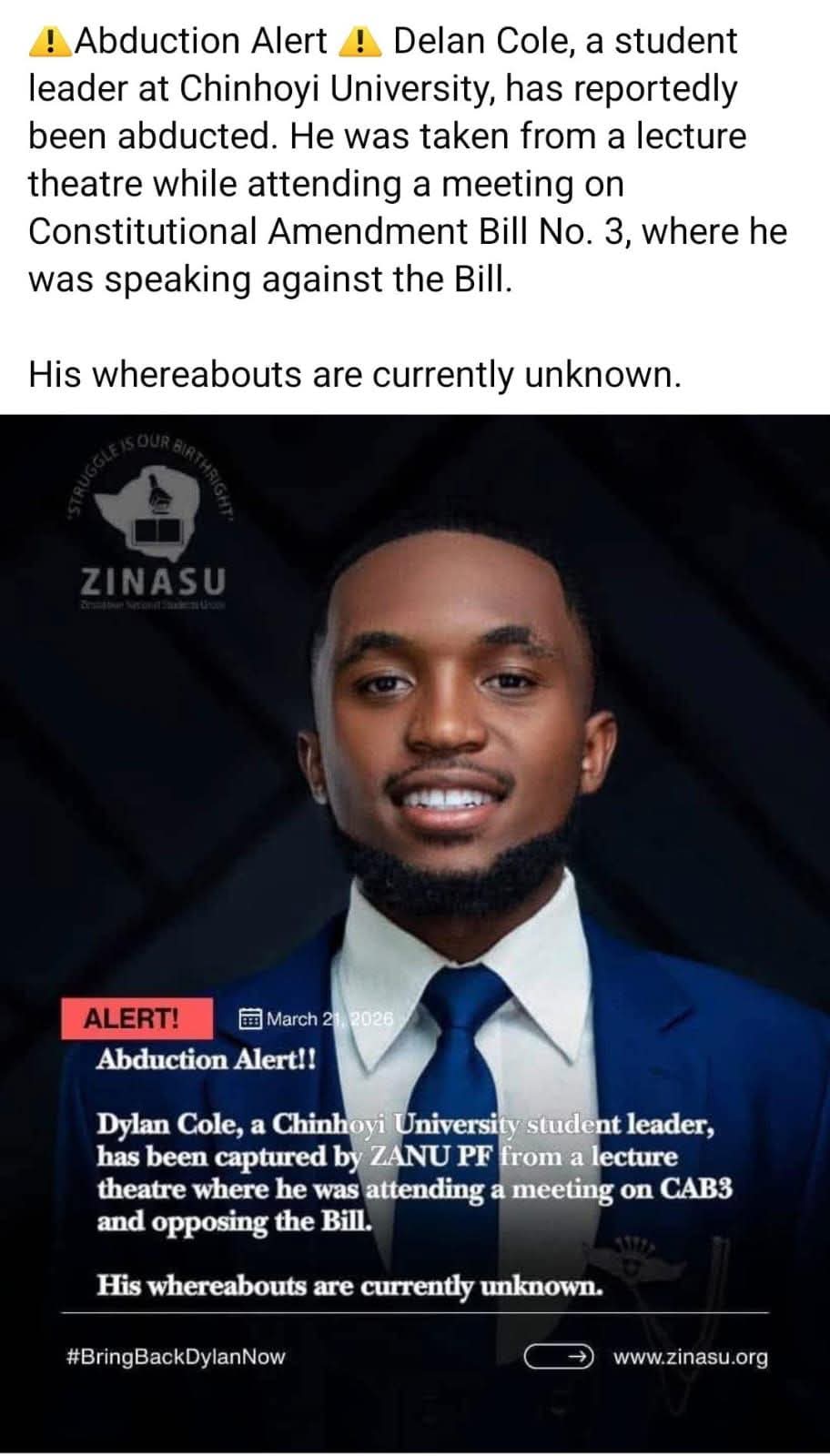 Student Leader Abducted from University Over 2030 Constitutional Amendment Bill – Eduzim News