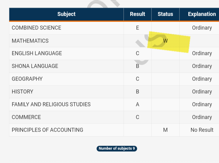 What does W on some of the students’ results mean?