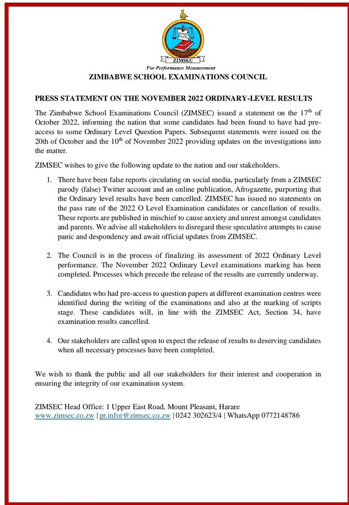 Just in: Press statement on the November 2022 O Level Results